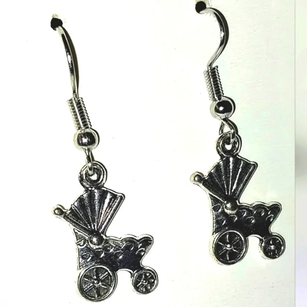 Super cute vintage baby carrrage stroller earrings